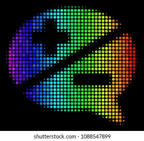 Pixel colorful halftone arguments icon drawn with spectrum color tones with horizontal gradient on a black background. Color vector concept of arguments symbol made with circle cells.