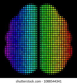 Pixel colorful halftone brain icon using spectral color tinges with horizontal gradient on a black background. Multicolored vector composition of brain symbol made with spheric points.