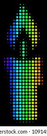 Pixel colorful halftone candle icon in rainbow color tints with horizontal gradient on a black background. Bright vector pattern of candle pictogram organized with spheric particles.