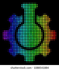 Pixel colorful halftone chemical industry icon in spectral color shades with horizontal gradient on a black background.