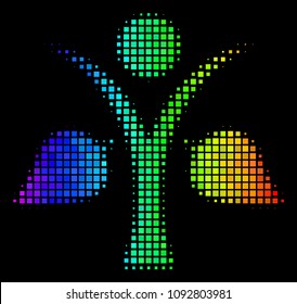 Pixel colorful halftone ecology man icon in spectral color tones with horizontal gradient on a black background. Color vector collage of ecology man pictogram constructed with square array cells.