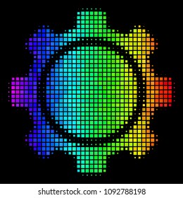 Pixel colorful halftone gear icon drawn with rainbow color tones with horizontal gradient on a black background. Bright vector pattern of gear symbol shaped from rectangle points.