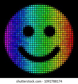 Pixel colorful halftone glad smile icon drawn with rainbow color tones with horizontal gradient on a black background. Multicolored vector collage of glad smile pictogram shaped of square elements.