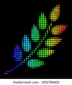 Pixel colorful halftone leaf branch icon using spectral color tones with horizontal gradient on a black background. Colorful vector mosaic of leaf branch pictogram shaped from rectangular particles.