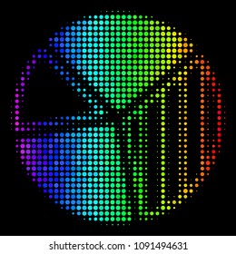 Pixel colorful halftone pie chart icon using rainbow color tints with horizontal gradient on a black background. Colorful vector pattern of pie chart symbol combined from circle cells.