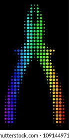 Pixel colorful halftone pliers icon using spectrum color hues with horizontal gradient on a black background. Colorful vector concept of pliers pictogram formed of circle dots.