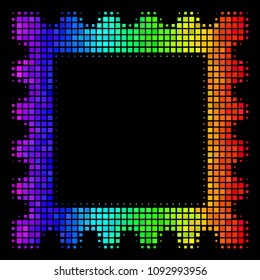 Pixel colorful halftone postage stamp icon drawn with spectrum color shades with horizontal gradient on a black background.