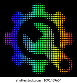 Pixel colorful halftone service tools icon drawn with rainbow color variations with horizontal gradient on a black background.