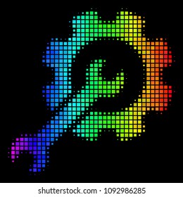 Pixel colorful halftone setup tools icon in rainbow color hues with horizontal gradient on a black background. Colorful vector mosaic of setup tools illustration made of rectangular elements.