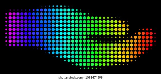 Pixel colorful halftone share hand icon using rainbow color shades with horizontal gradient on a black background. Colored vector mosaic of share hand illustration done of circle pixels.