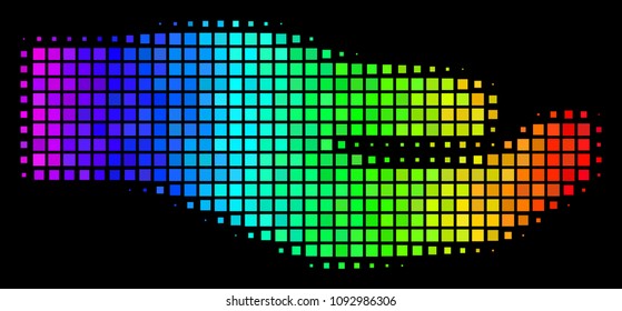 Pixel colorful halftone share hand icon drawn with spectral color tints with horizontal gradient on a black background. Color vector pattern of share hand pictogram done with rectangular pixels.