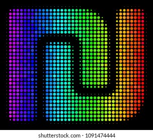 Pixel colorful halftone shekel icon drawn with spectral color shades with horizontal gradient on a black background. Colorful vector collage of shekel pictogram combined from circle pixels.