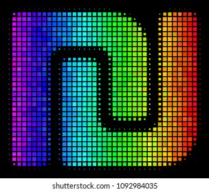 Pixel colorful halftone shekel icon in rainbow color tones with horizontal gradient on a black background. Multicolored vector concept of shekel pictogram composed of rectangle items.
