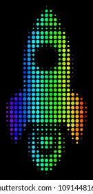 Pixel colorful halftone space rocket icon using spectral color tints with horizontal gradient on a black background. Bright vector collage of space rocket symbol formed of round items.