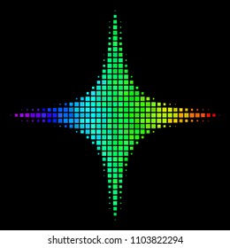 Pixel colorful halftone space star icon using rainbow color tinges with horizontal gradient on a black background.