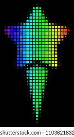 Pixel colorful halftone starting star icon in spectral color tones with horizontal gradient on a black background. Multicolored vector concept of starting star pictogram done from rectangle cells.