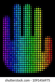 Pixel colorful halftone stop hand icon drawn with spectrum color tinges with horizontal gradient on a black background. Color vector mosaic of stop hand illustration constructed with round cells.