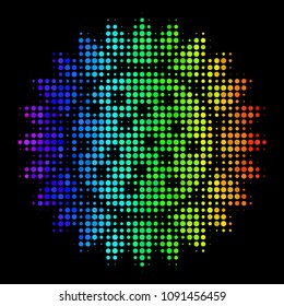 Pixel colorful halftone sunflower icon in spectral color hues with horizontal gradient on a black background. Bright vector pattern of sunflower illustration composed with circle items.