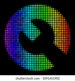 Pixel colorful halftone wrench icon in spectrum color hues with horizontal gradient on a black background. Color vector collage of wrench symbol constructed of circle elements.