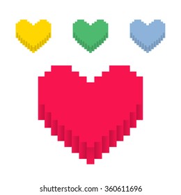 Pixel colorful heart icons set vector for Valentine's day designs. 3D Pixel red heart - vector illustration