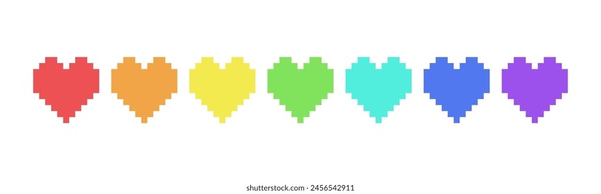 Pixel colorful love icon design. 8 bit heart. Arcade game symbol. Red, orange, yellow, green, blue and purple colors.