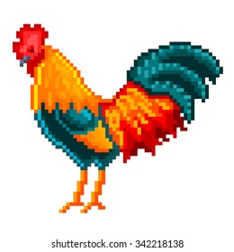 Pixel colorful rooster high detailed isolated vector