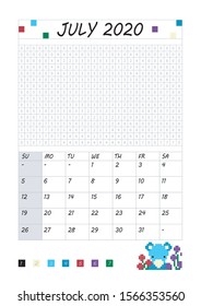 Pixel coloring calendar. July. Vector illustration