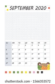 Pixel coloring calendar. September. Vector illustration
