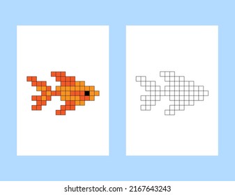 Pixel coloring page fish. Kids colouring book. Educational game for children. Grid with mosaic, cross-stitch. Vector illustration