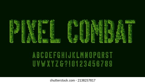 Pixel Combat alphabet font. Pixel camo letters and numbers. 80s arcade video game typeface.