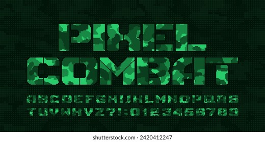 Pixel Combat alphabet font. Stencil pixel letters and numbers. 80s arcade video game typeface.