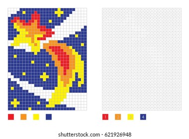 Pixel comet in the coloring page with numbered squares, vector illustration