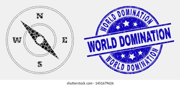 Pixel compass mosaic icon and World Domination seal stamp. Blue vector round scratched seal stamp with World Domination title. Vector combination in flat style.