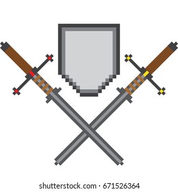 Pixel composition of two crossed swords and a shield above them. Can be used as an illustration to achieve the game