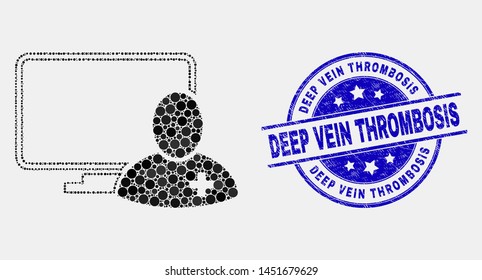 Pixel computer doctor mosaic icon and Deep Vein Thrombosis watermark. Blue vector rounded scratched seal with Deep Vein Thrombosis phrase. Vector composition in flat style.