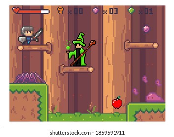 Pixel computer game interface. Wizard in mantle is waiting for hero. Knight goes down the platforms. Way through deep. Old 8-bit mobile game of 80s. Main character in armor fights magical character