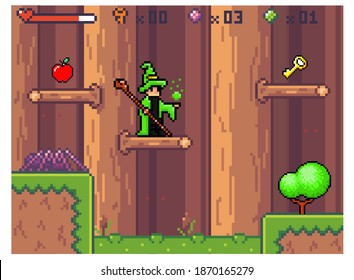Pixel computer game interface. Wizard in mantle waiting for the hero. Character in costume works with magic. The witch in the game collects keys. Way through deep. Old 8-bit mobile game of 80s