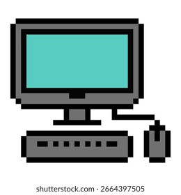Pixel computer icon vector for technology, internet, and digital work in a retro pixel art style. Ideal for illustrating modern desktops, programming, and retro gaming.