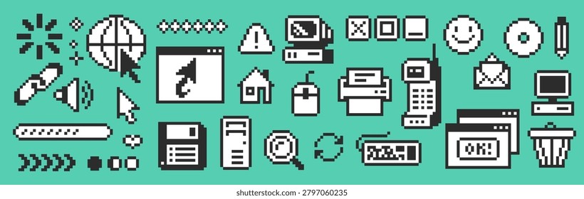 Pixel computer UI set with retro desktop window, cursor, folder, button, alert, and taskbar in Y2k style. Nostalgia, tech reboot, and user interface throwback for digital branding. Cartoon vector illustration.