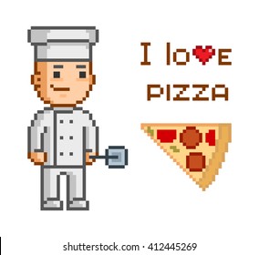 Pixel concept for pizzeria. I love pizza. Smiling cook and slice of pizza.