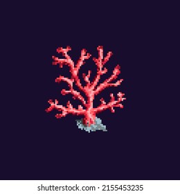 Pixel coral. Sea plant isolated on dark background. Vector illustration