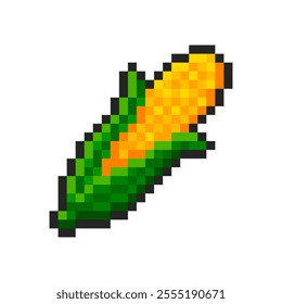 Pixel corn cob isolated on transparent background. Pixelated badge, game asset or computer arcade item. Vegetable icon. Vector pixel art illustration in 16 bit old style.