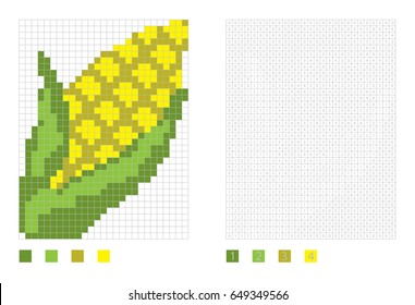 Pixel corn in the coloring page with numbered squares, vector illustration
