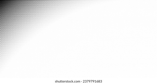 Pixel corner with a halftone raster pattern of small black circles on a white background. Monochrome vector vignette