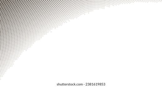 Esquina de píxeles con un patrón radial de gradiente de calibre medio de cuadrados negros pequeños sobre un fondo blanco. Viñeta vectorial monocromática