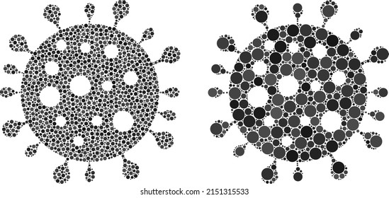 Pixel coronavirus icon. Collage coronavirus icon organized from spheric elements in random sizes and color tints. Vector spheric elements are composed into collage coronavirus icon.