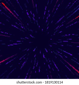 Pixel cosmic background. Pixel art hyper jump, speed of light,  fireworks, falling star. Pixel art 8 bit. 