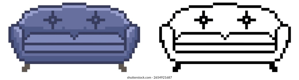 Vetor de sofá Pixel, representando assentos confortáveis e relaxamento em um estilo de 8 bits. Ideal para ambientes de jogos, salas de estar retro ou móveis digitais.