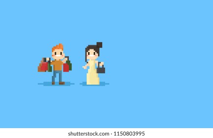 Pixel couple with shopping bags character.8bit.