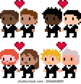 Pixel couples of diverse men in love getting married - vector, isolated